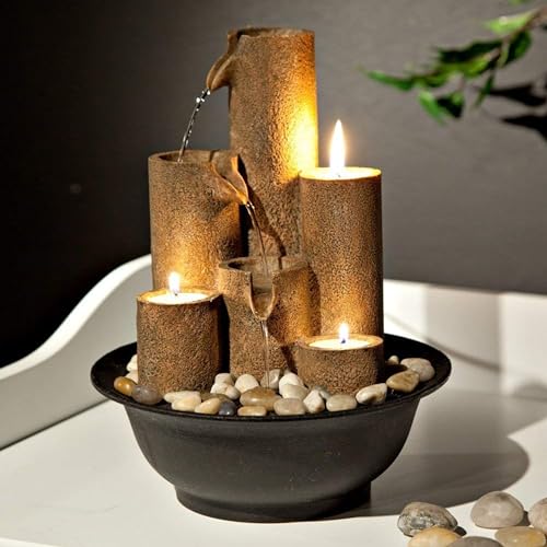 Serene Cascade with Candles| Column Tabletop Fountain | 3-Tier Water Fountain with Natural Stone Design & Tealight Candles