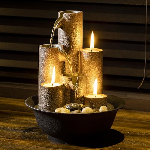 Serene Cascade with Candles| Column Tabletop Fountain | 3-Tier Water Fountain with Natural Stone Design & Tealight Candles