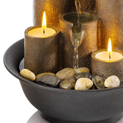 Serene Cascade with Candles| Column Tabletop Fountain | 3-Tier Water Fountain with Natural Stone Design & Tealight Candles