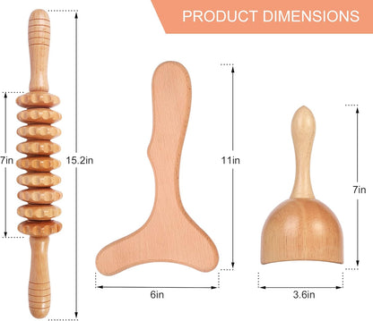 3-in-1 Wood Therapy Massage Tools Set for Lymphatic Drainage, Anti-Cellulite & Body Sculpting | Maderoterapia Wooden Massagers for Contouring and Muscle Relief