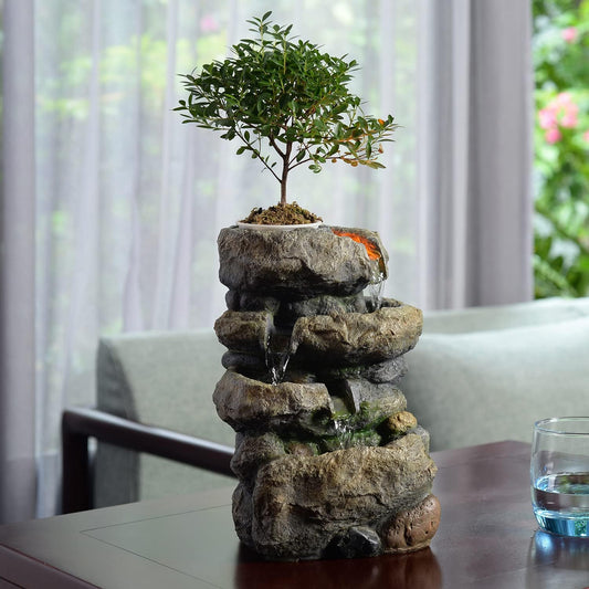 Indoor Tabletop Fountain with LED Lights | Plant Holder | Soothing Waterfall | Relaxation