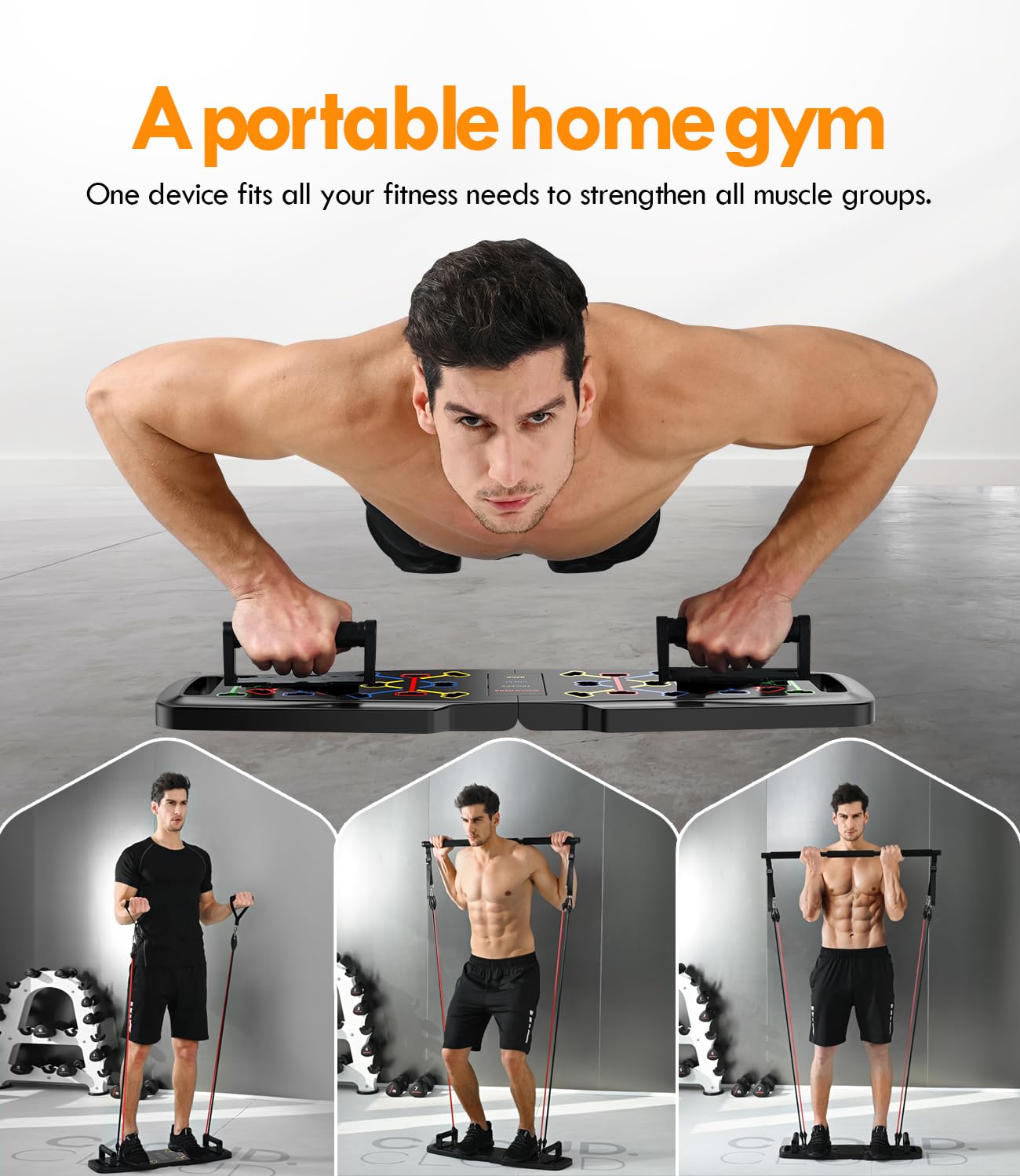 Portable All-in-One Home Gym System | Foldable Push-Up Board, Resistance Bands, Ab Roller | Full-Body Workouts