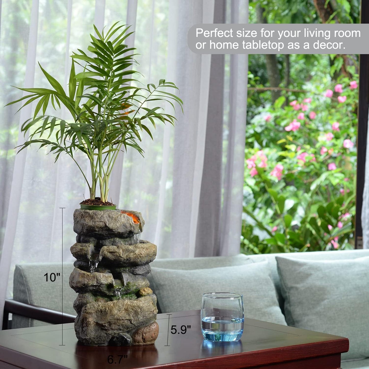 Indoor Tabletop Fountain with LED Lights | Plant Holder | Soothing Waterfall | Relaxation