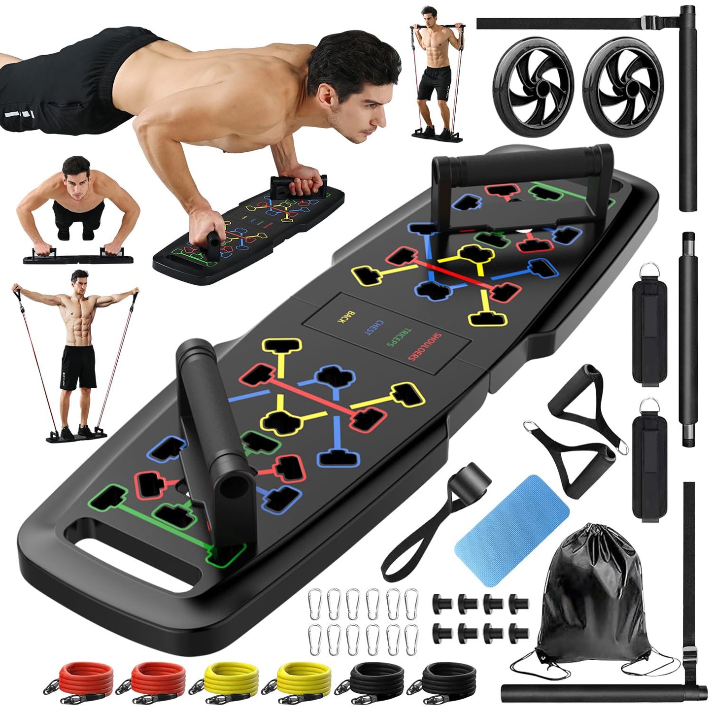 Portable All-in-One Home Gym System | Foldable Push-Up Board, Resistance Bands, Ab Roller | Full-Body Workouts