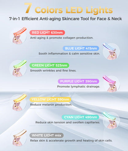 7-in-1 Skin Care Tools - Face & Neck Massager for Glowing Skin, Youthful Complexion, and Elasticity | Pink Face Sculpting Device with 7 Light Modes & Heating Function for Healthy Skin