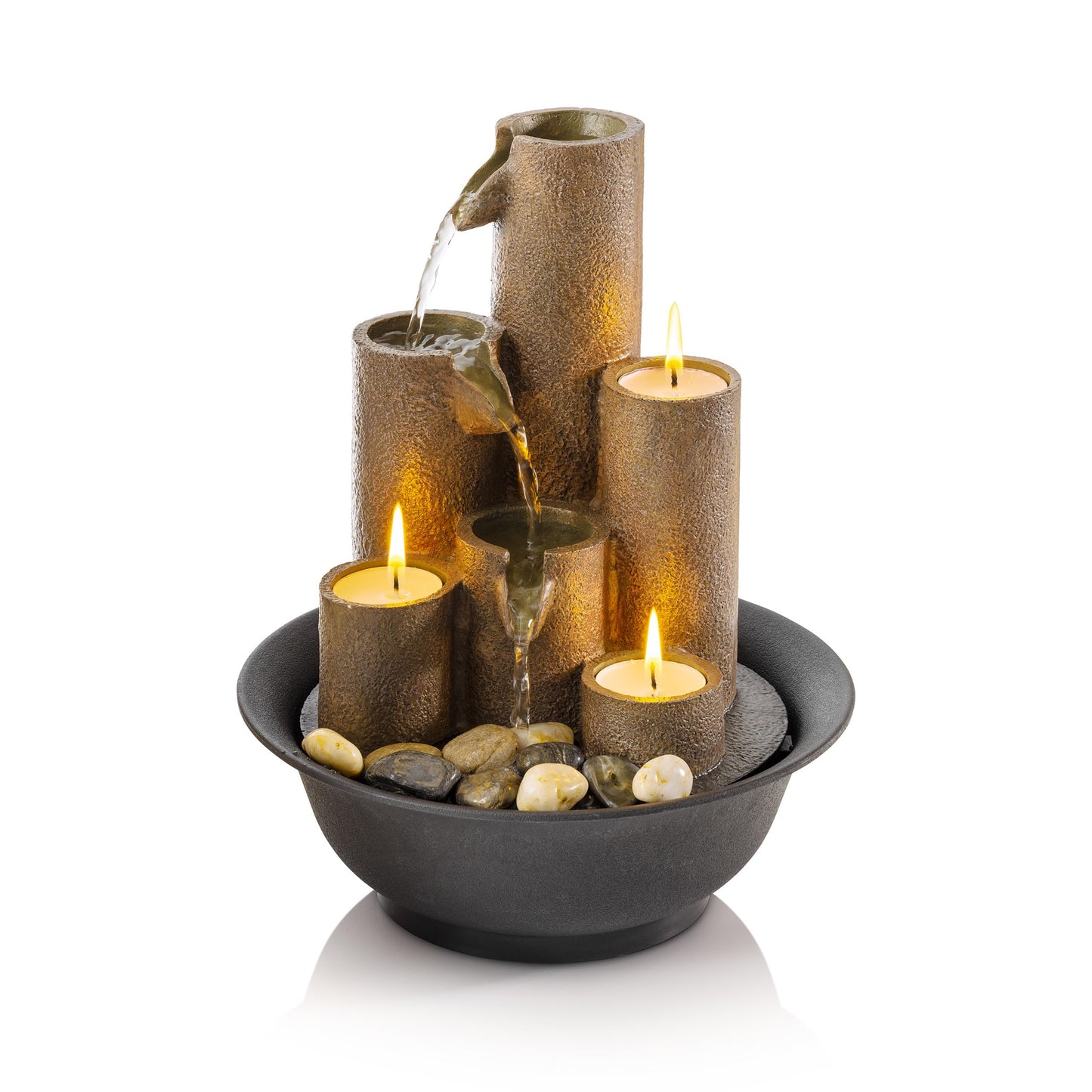 Serene Cascade with Candles| Column Tabletop Fountain | 3-Tier Water Fountain with Natural Stone Design & Tealight Candles