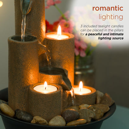 Serene Cascade with Candles| Column Tabletop Fountain | 3-Tier Water Fountain with Natural Stone Design & Tealight Candles