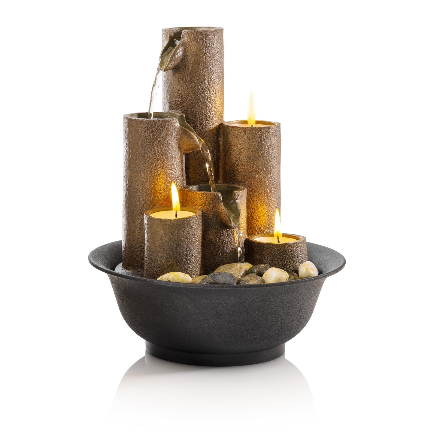 Serene Cascade with Candles| Column Tabletop Fountain | 3-Tier Water Fountain with Natural Stone Design & Tealight Candles