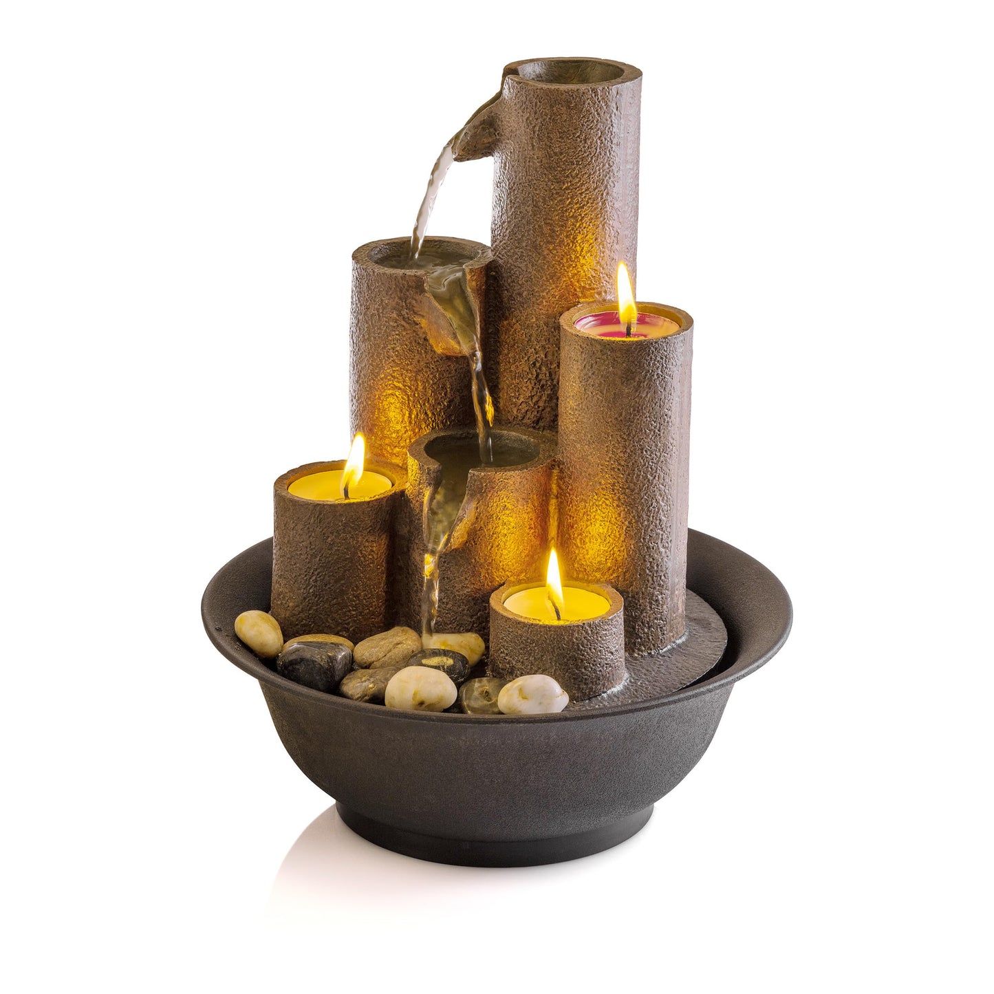 Serene Cascade with Candles| Column Tabletop Fountain | 3-Tier Water Fountain with Natural Stone Design & Tealight Candles